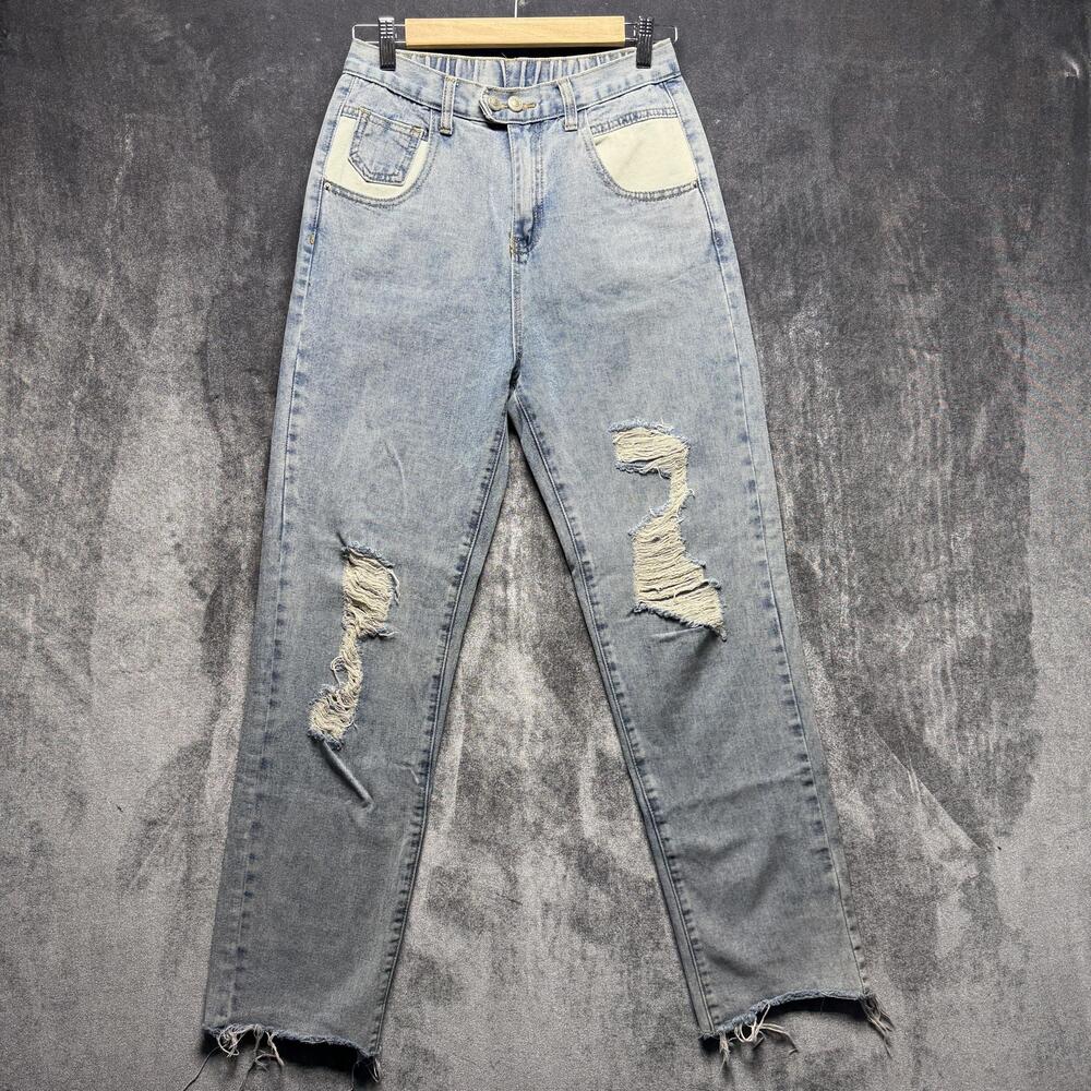 Princess Polly Mom Jeans Womens 4 Blue High Rise Distressed Fringe Denim Raw Hem